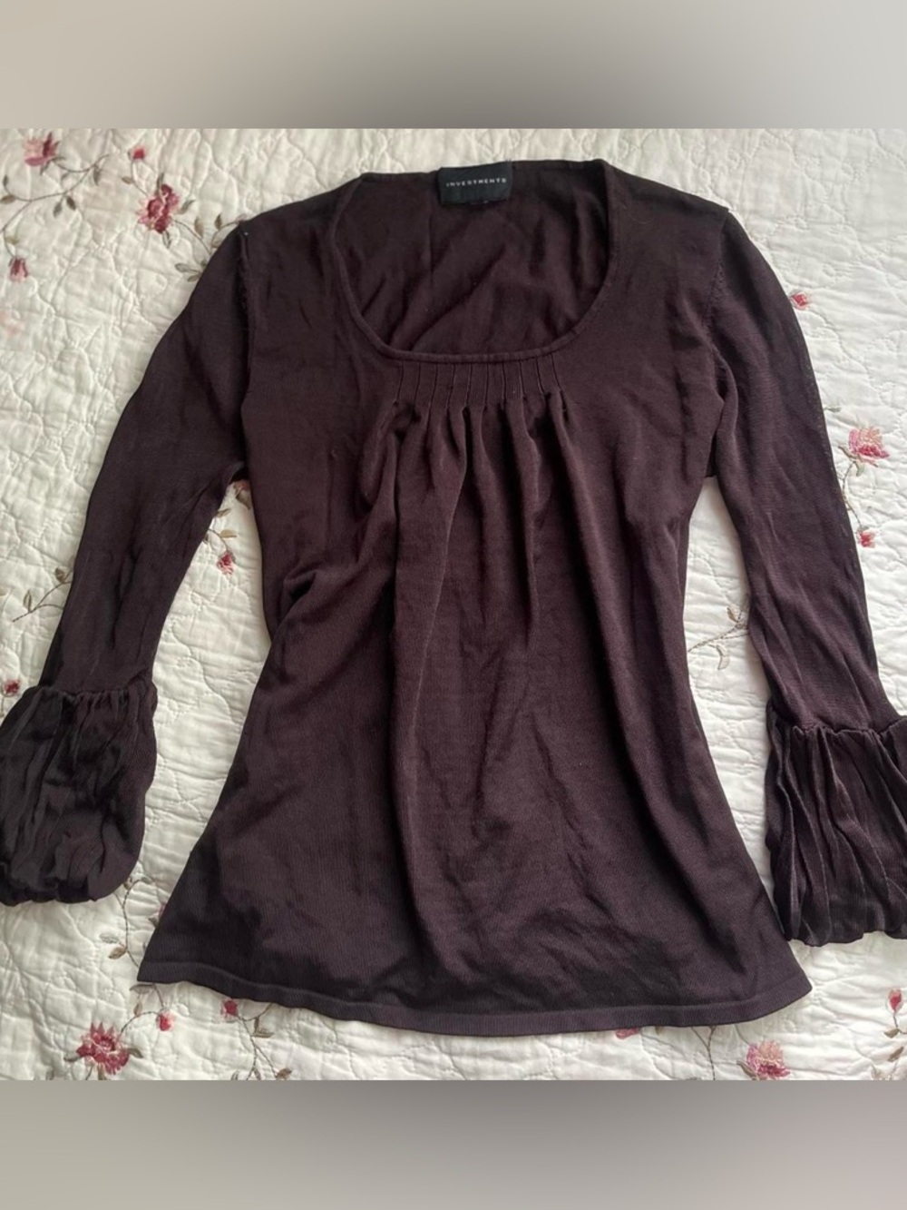 2000s Vintage Investments Dark Brown, Flowy Blouse with Ruffled Sleeves
